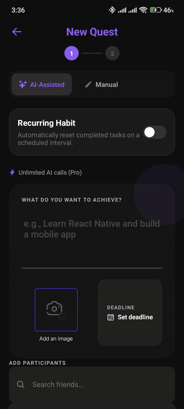 Shard new quest creation screen with AI-Assisted mode