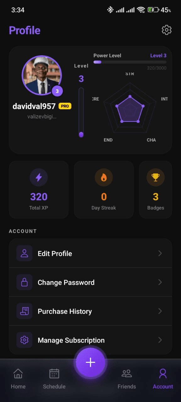 Shard profile screen showing XP, level, streaks and badges